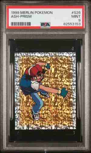 Pokemon Merlin Topps Prism Sticker Series One 1999 Ash S26 PSA 9 Front